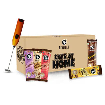 Bevzilla 20 Assorted Coffee Sachets With Frother |4 Sachets each Flavours (Vanilla, Hazelnut, Butterscotch, Caramel & Classic Flavour)