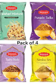 Bhujamal Minis ( Pack of 4 packets 690 grams) Punjabi Tadka180g*1, Falahari Mix 150g*1, Nimbu Sev 180g*1, Tasty Nuts 180g*1.