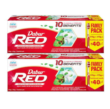 Dabur Red Toothpaste 700g (2 Packs, Each with 2 x 175g + 1 Toothbrush Worth Rs. 30) | Fluoride-Free | Bad Breath, Cavity Protection, Plaque Removal | 13 Ayurvedic Herbs for Whole Mouth Health