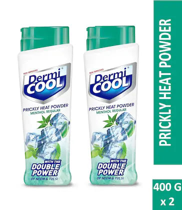 Dermicool Menthol Regular Prickly Heat Powder, 800g (400g x 2, Pack of 2) | Instant Cooling Relief with Double Power of Neem & Tulsi | Protects from Prickly Heat & Body Odour