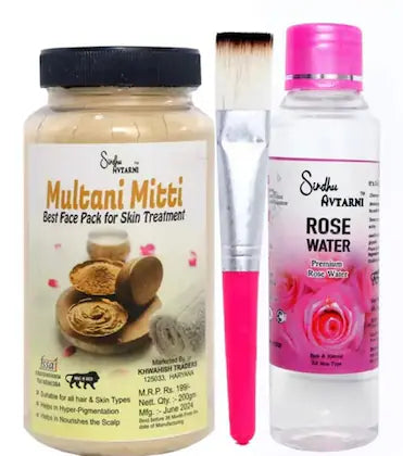ELDERWAND Natural Multani Mitti Powder 200gm, 1 Face Pack Brush and Gulab Jal 120ml, Combo