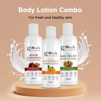 Globus Naturals Body Lotion Combo Set of 3, Kesar Chandan, Vitamin C & Mix Fruit Body Lotion For Non-Greasy Lightweight Body Moisturizer for Women & Men | All Skin Types Online at