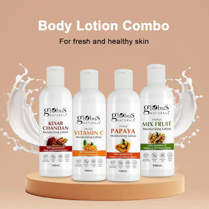 Globus Naturals Body Lotion Combo Set of 4, Kesar Chandan, Vitamin C & Mix Fruit, Papaya Body Lotion For Non-Greasy Lightweight Body Moisturizer for Women & Men | All Skin Types