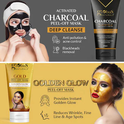 Globus Naturals Charcoal & Gold Peel Off Mask Combo Pack | Golden Glow & Radiance (200 g)