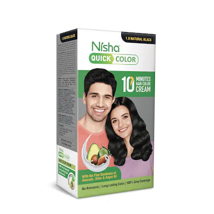 Nisha Hair Colour for Women & Men - 1.0 Natural Black, Permanent Hair Colour, Quick Color 10-Minute, 120g Pouch, with Avocado, Olive & Argan Oil, 100% Grey Coverage, Ammonia-Free, Long-Lasting Color