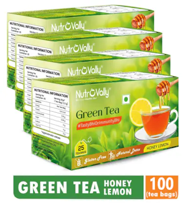 NutroVally Green Tea Honey Lemon Flavored | Premium & Detox Refreshing Tea | Honey Lemon Green Tea Bags 25 Pcs | Green Tea bags | Green Tea 100 Bags